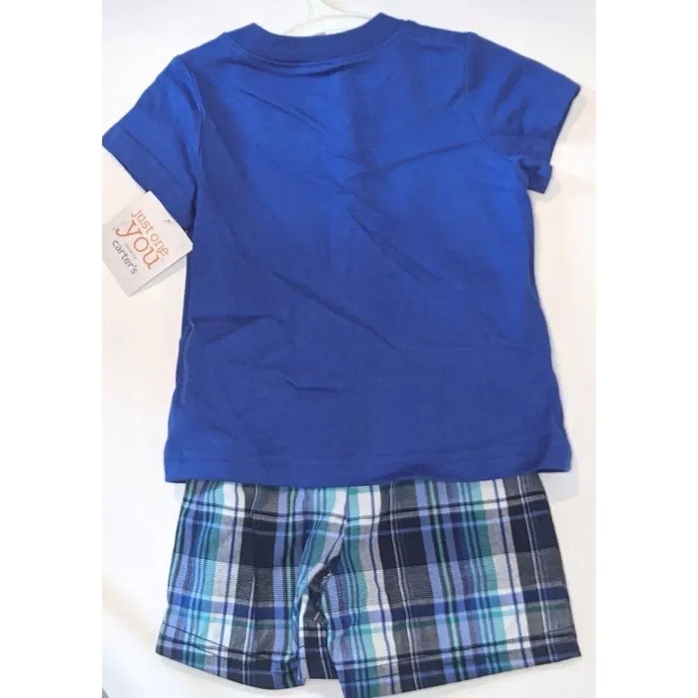 Carter's Fireman 2 piece set 9M Outfit Mommy's Hero Shirt Shorts‎ Blue Plaid